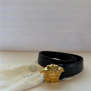 Versace Black Leather Belt with Gold Medusa Buckle